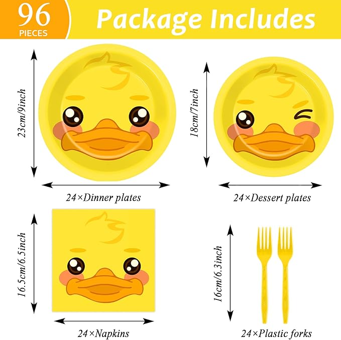gisgfim 96 Pcs Duck Plates and Napkins Party Supplies Duck Themed Party Tableware Set Duck Birthday Party Decorations Favors for Kids Birthday Baby Shower for 24 Guests