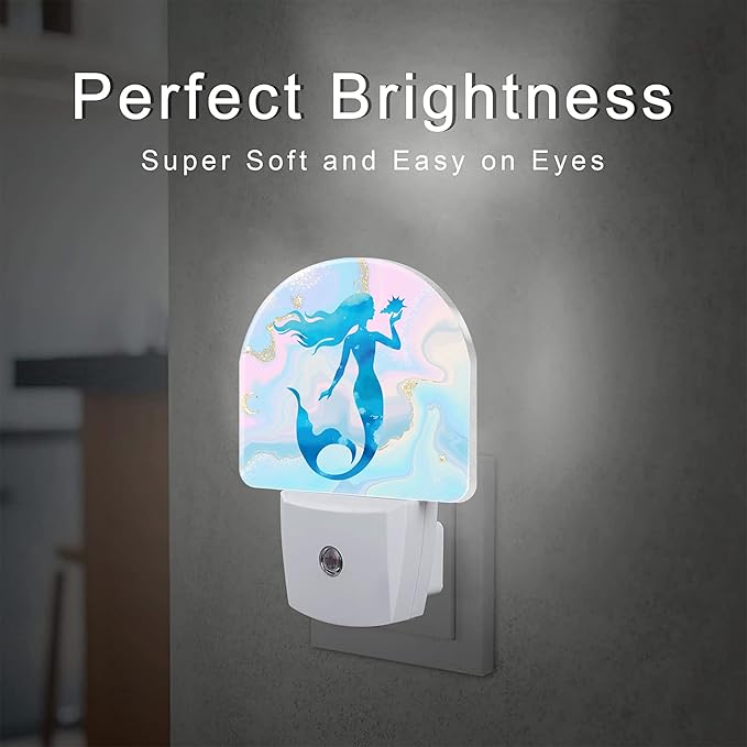 Watercolor Blue Mermaid Night Light for Kids,Pastel Pink Glitter Liquid Marble Plug in Night Light with Dusk to Dawn Sensor, 0.5w Energy Saving Nightlight for Hallway Stairway Kitchen Bedroom