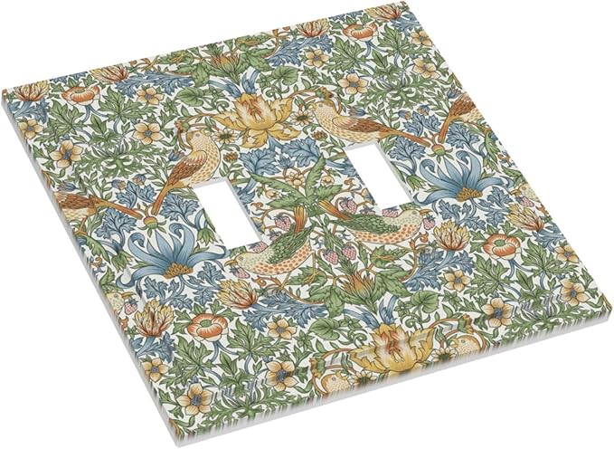 William Morris Strawberry Thrush Birds 2 Gang Light Switch Cover Double Toggle Wall Plate Vintage Floral Flowers Plant Electrical Switchplate Covers for Country Bedroom Home Décor