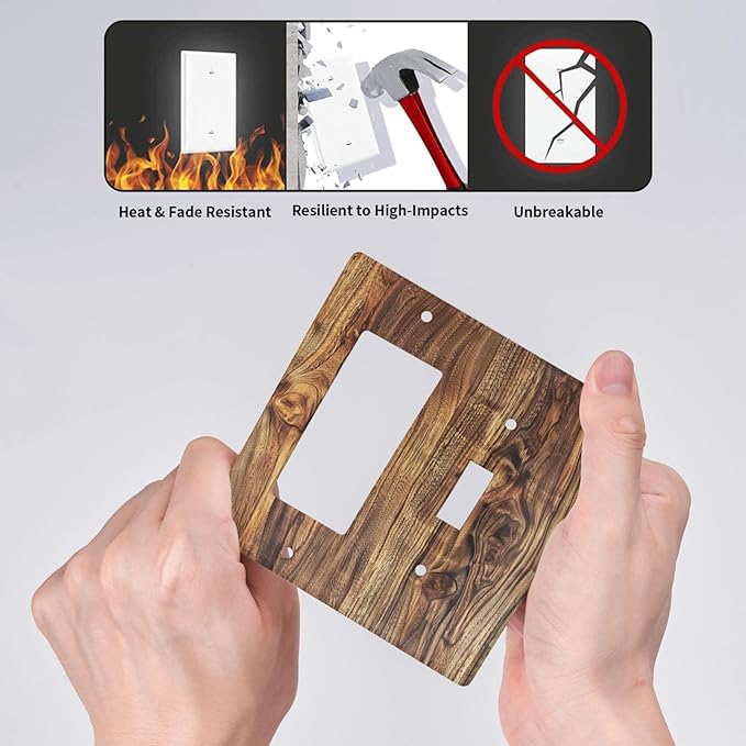 Distressed Wood Brown Wood Texture Outlet Covers 1 Toggle 1 Rocker Combination Decorative Wall Plate Electrical Switch Plates Light Switch Cover Plate for Farmhouse Home Decor