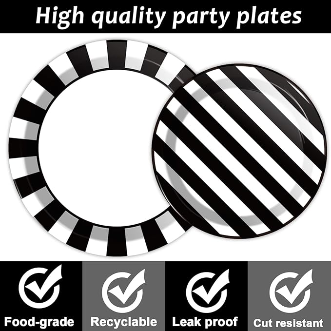 200pcs Black and White Party Plates Napkins Forks Striped Theme Party Tableware Set Black White Party Disposable Paper Dessert Dinnerware Kids Adults Wedding Party Baby Shower Decor Supplies Serves 50