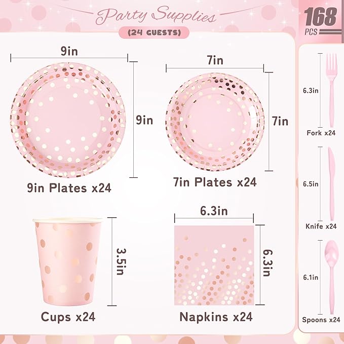Pink and Rose Gold Dots Plates Set for 24 Guests, 168PCS Disposable Dinnerware,Party Supplies Paper Plates Napkins Cups Pink Cutlery for Birthday Baby Shower Wedding Bridal Anniversary Party