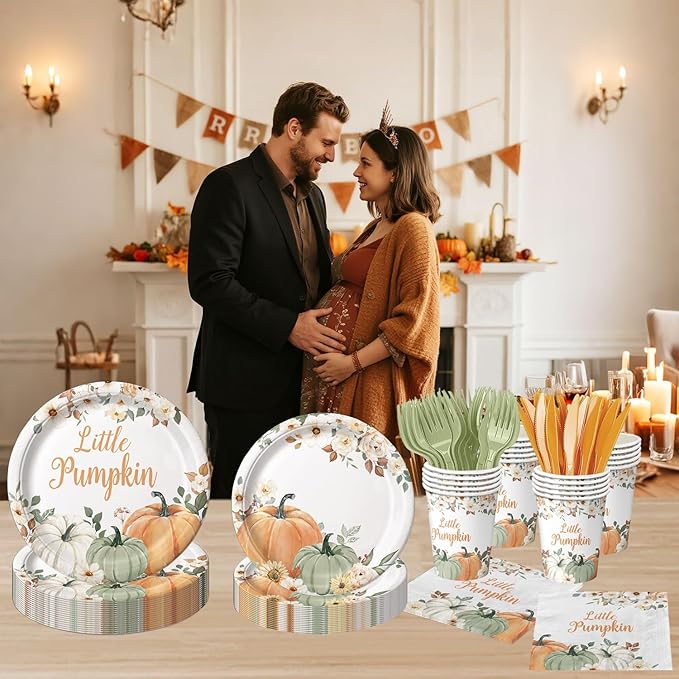 120 Pcs Little Pumpkin Baby Shower Party Decoration – Autumn Pumpkin & Floral Tableware Set with Plates, Napkins, Cups, Cutlery for Thanksgiving & Fall Baby Shower Decorations, Serves 20