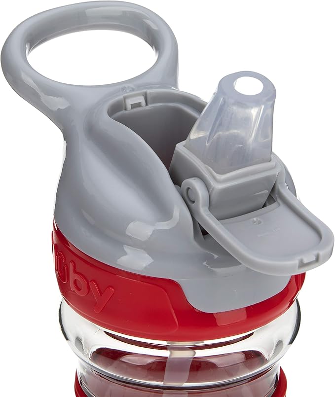 Nuby Thirsty Kids Push Button Flip-it Soft Spout on The Go Water Bottle with Easy Grip Band, 12oz, Rocket