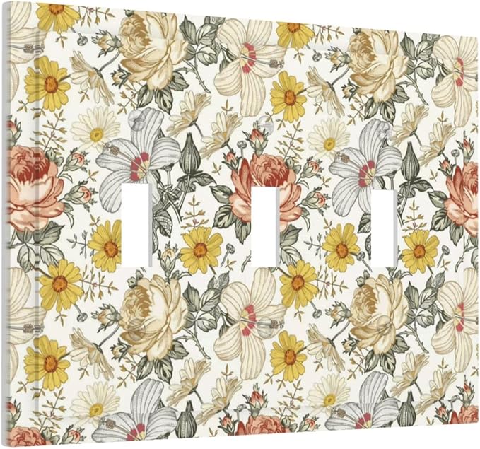 Multicolor Peony Daisy Vintage Floral Flower Decorative Switch Plates 3 Gang Wall Plate Triple Toggle Light Switch Cover Faceplate Electrical Wall Panels for Bedroom Living Room Decor