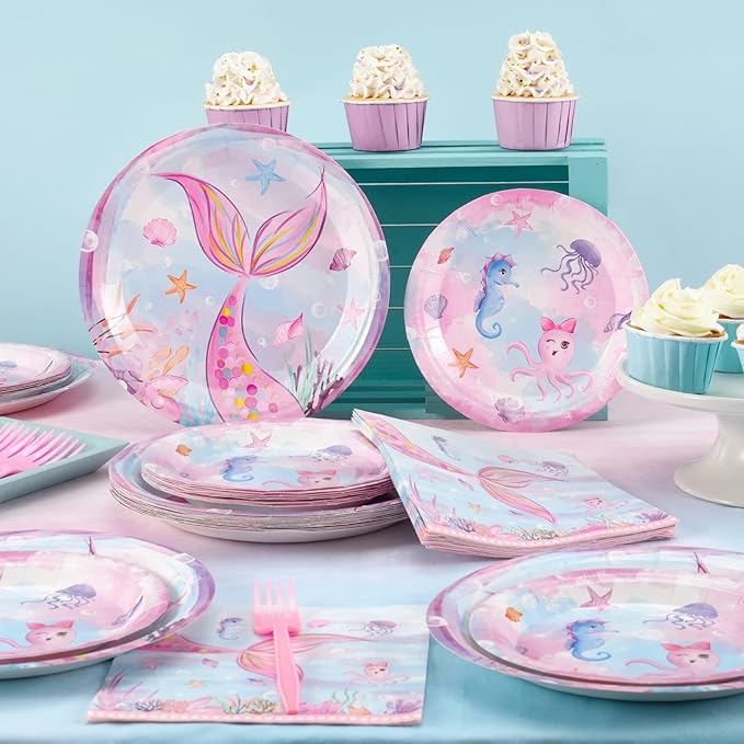 WERNNSAI Mermaid Paper Plates - 100 PCS Mermaid Birthday Decorations Under The Sea Party Tableware Plate for Girls Baby Shower Pool Beach Picnic Park Party Serves 50 Guests