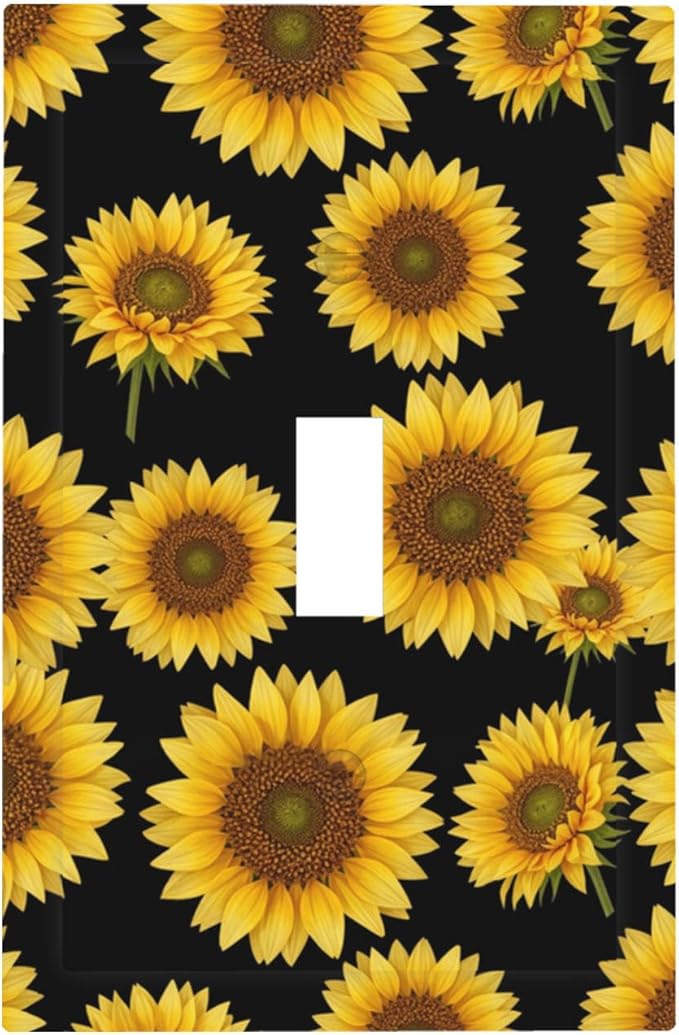 Sunflower Fields 1-Gang Toggle Light Switch Plate, Vibrant Sunflower on Black Boho Sunny Garden Decorative Wall Plate for Bedroom Decor