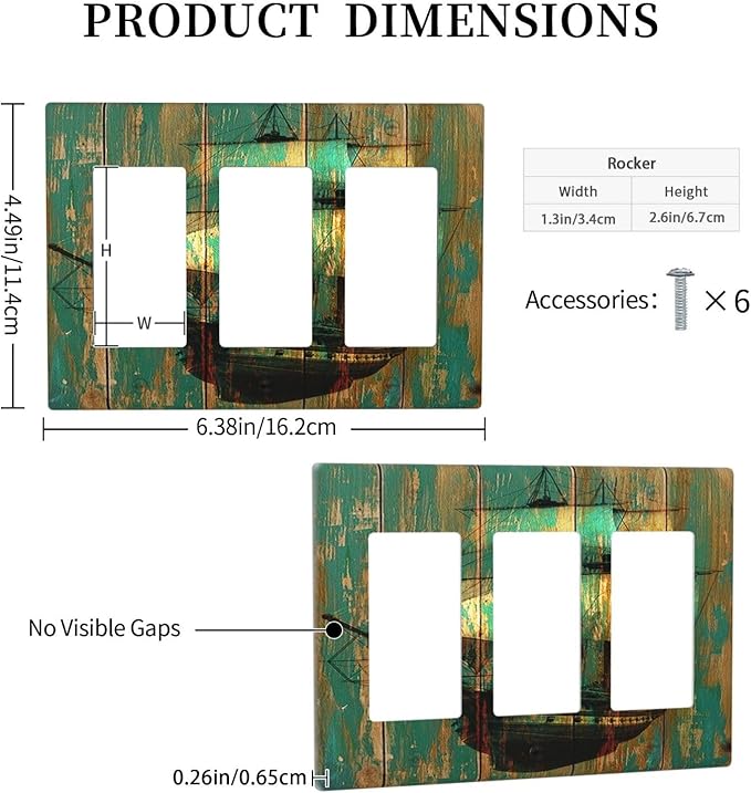 Light Switch Covers Rustic Green Wood Grain Sailboat 3 Gang Rocker Electrical GFCI Decorative Triple Outlet Wall Plate Cover Switchplate for Farmhouse Bedroom Decor