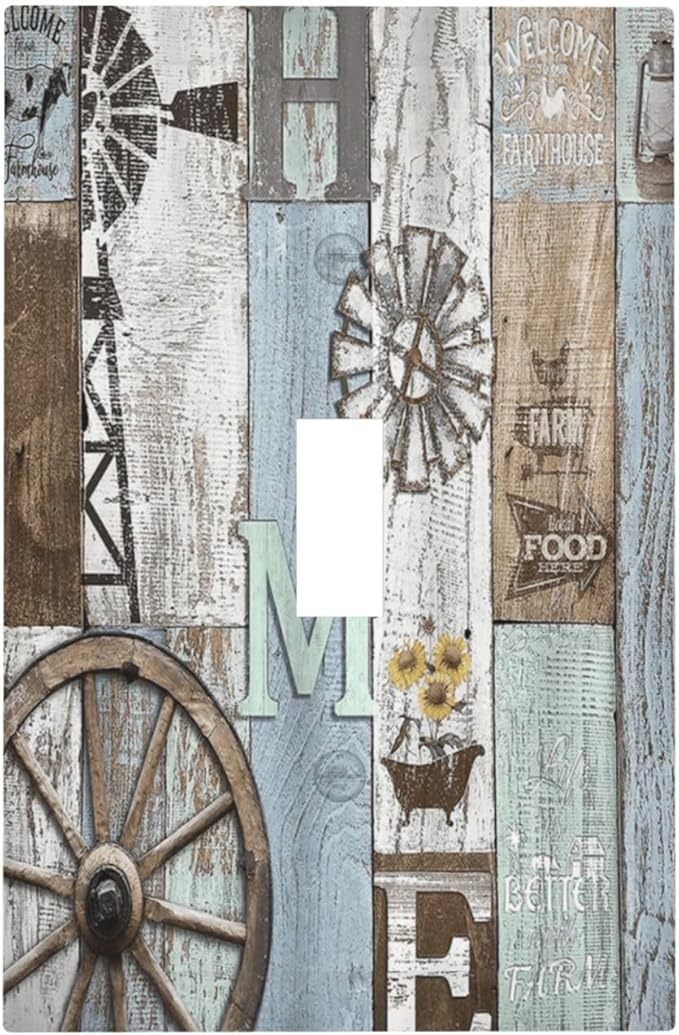 Rustic Western Barn Door Vintage Windmill Decorative Light Switch Cover 1 Gang Single Toggle Device Electrical Faceplate Switchplates Decorator Outlet Wall Plate for Farmhouse Home Decor