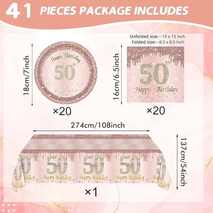 Ryzovo 41Pcs 50th Birthday Decorations, Rose Gold Birthday Party Supplies Include 20Pcs Plates 20Pcs Napkins and 1Piece Tablecloth, Sweet Fifty Year Old Birth Party Tableware for Girl Ladies Women