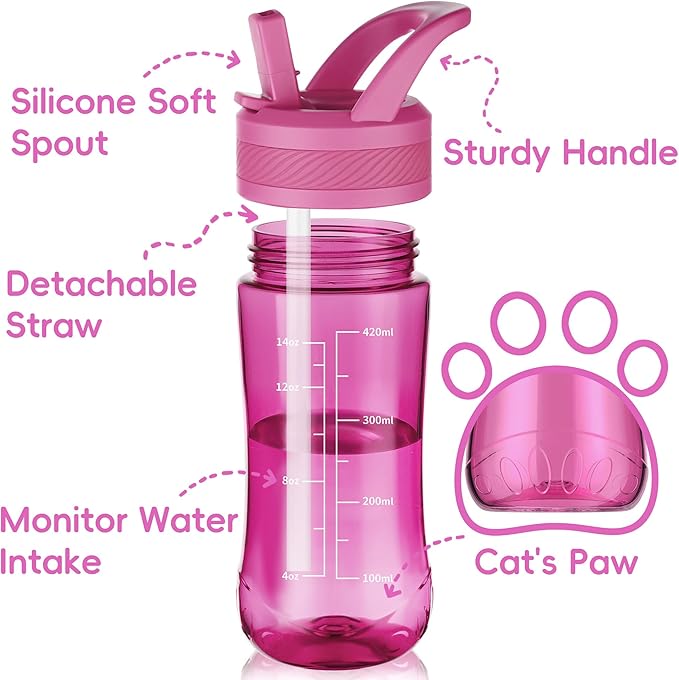 Kids Clear Water Bottle 14oz Flip with Straw Carry Handle, Leakproof, Reusable, Tritan, BPA Free, Suitable for Boys and Girls, Rose