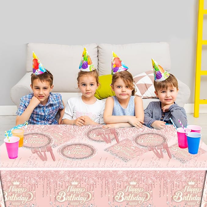 Pink Rose Gold Party Tableware set,Pink Happy Birthday Theme 20 Plates and 20 Napkins and Tablecloths 71 '' x 42 '' for Girls Women Silver Glitter Birthday Party Supplies