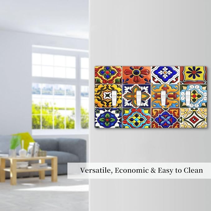 Vintage Colorful Boho Mexican Moroccan Tile Light Switch Covers Quad Toggle Electrical Faceplate 4 Gang Wall Plate Decorative Switch Plates for Farmhouse Home Decor