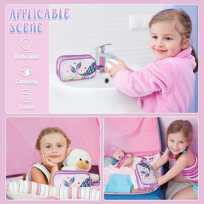 Mermaid Toiletry Bag - Kids Toiletry Bag for Girls Christmas Birthday Gift Camping Travel Toiletry Case Toiletries Makeup Cosmetic Pouch Pink Water-resistant Wash Bag Dopp Kit with Mesh Pocket
