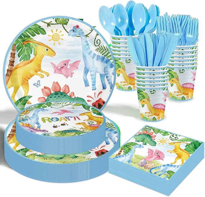 Dinosaur Birthday Party Supplies - 175PCS Dinosaur Themes Party Tableware Set, Bithday Disposable Paper Plates Cups and Napkins For Boys Kids Birthday Baby Shower Decorations, Serve 25