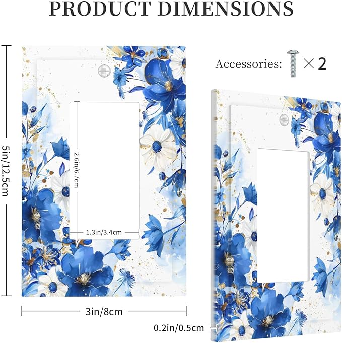 Klein Blue Flowers Watercolor Golden White Floral Decorative Outlet Covers 1 Gang Single Rocker Light Switch Cover Plate Wall Plates GFCI Faceplate for Bedroom Living Room Decor