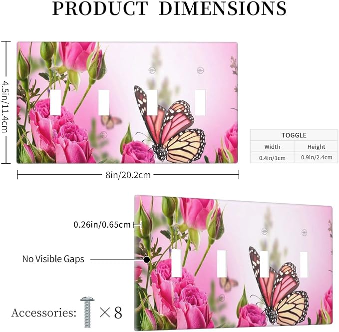 Pink Rose Butterfly Flower 4 Gang Light Switch Cover Decorative Quad Toggle Wall Plate Decorative Electrical Faceplate for Spring Butterfly Floral Kitchen Home Barn Farmhouse Decorate Large 8" x 4.5