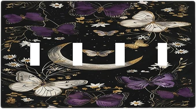 Light Switch Cover Plate Boho Crescent Moon Butterfly 4 Gang Quad Toggle Wall Plate Electrical Outlet Cover Decorative Switch Plate Covers for Bedroom Home Decor