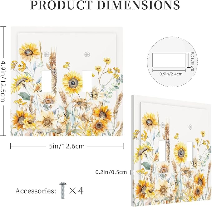 Yellow Floral Sunflowers Wheat Ears Watercolor Wild Flowers Decorative Switch Plates 2 Gang Double Toggle Outlet Light Switch Cover Wall Plate Electrical Faceplate for Bedroom Living Room Decor