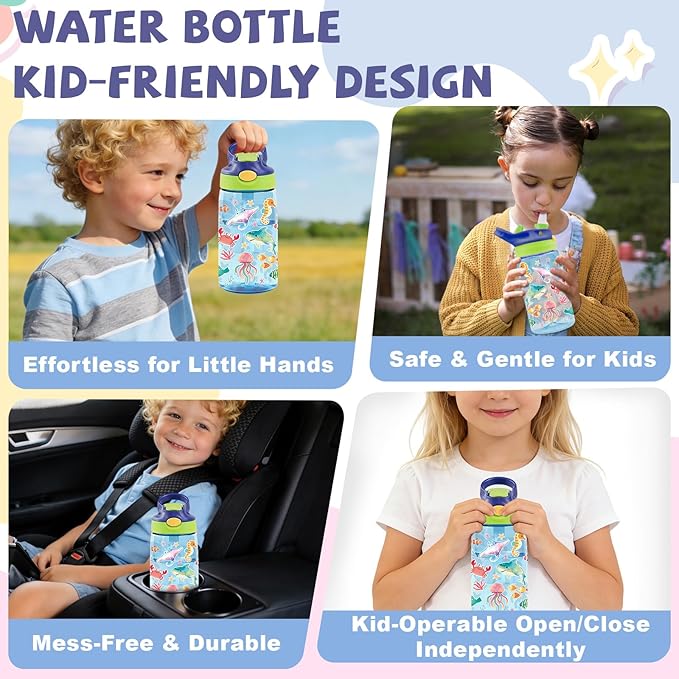 14oz Cute Marine life Kids Water Bottle with Straw Lid - Cartoon Water Bottles for Kids, Leakproof, Lightweight, Durable Plastic Bottles for School, Pop-Up Straw Cover, Gift Cup for Girls Boys(Sea)