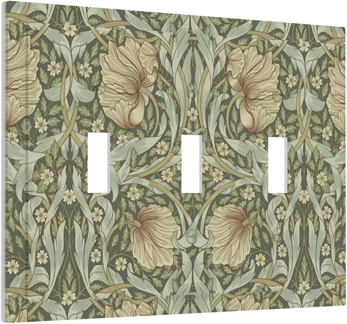 William Morris Pimpernel Flowers 3 Gang Light Switch Cover Vintage Floral Green Botanical Triple Toggle Wall Plate Decorative Electrical Switchplates for Country Bedroom Kitchen Home Decor