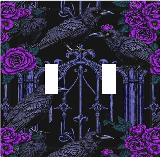 Decorative Switch Plates Gothic Style Crow Purple Flowers 2 Gang Double Toggle Wall Plate Outlet Light Switch Cover Electrical Faceplate for Bedroom living Room Decor