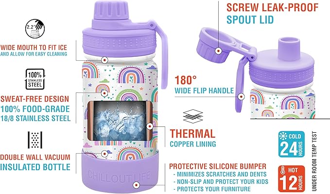 CHILLOUT LIFE 12 oz Kids Insulated Water Bottle for School with Leakproof Spout Lid and Cute Waterproof Stickers, Personalized Stainless Steel Thermos Flask Metal Water Bottle For Girls & Boys
