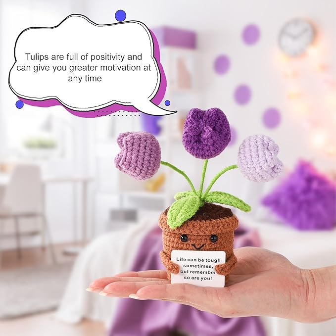 TOYMIS Positive Tulip, Soft Knitted Crochet Tulip with Encouragement Card Inspirational Positive Plant Crochet Flower Wool Doll Emotional Pot Plush Support Gifts for Men Women