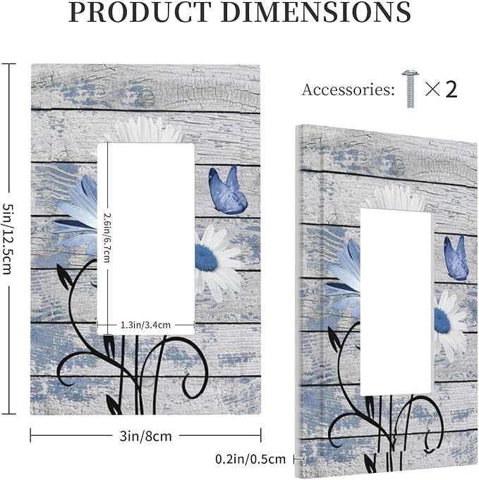 Blue White Daisy Flower Butterfly Rustic Wood Board Decorative Outlet Covers 1 Gang Single Rocker Light Switch Cover Plate Wall Plates GFCI Faceplate for Farmhouse Bedroom Decor