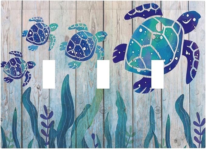 Sea Turtle Grass Seaweed on Rustic Wooden Board Triple Toggle Light Switch Cover 3 Gang Wall Plate Decorative Ocean Grass Seaweed Electrical Facplate for Bathroom Kitchen Home 6.7" x 4.8"