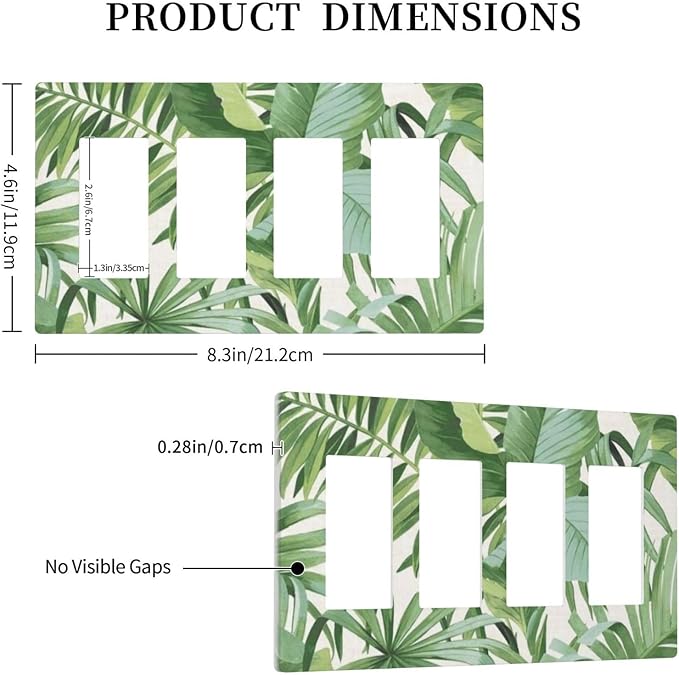 Green Tropical Palm Tree Leaf 4 Gang Quad Rocker/GFCI/Decorator Light Switch Cover Plate Decorative Electric Faceplate Decorative Switchplate Screwless