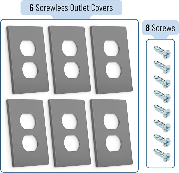 Bates- Screwless Duplex Wall Plates, 6 Pack, Grey, Screwless Wall Plate Cover