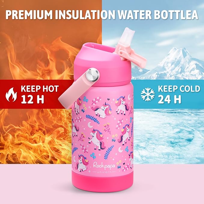 rockpapa 14 oz Kids Insulated Water Bottle，Stainless Steel Toddler Cups with Straws, BPA Free, Leak-Proof, Kids Water Bottle for School Boys& Girls (Pink Unicorn)