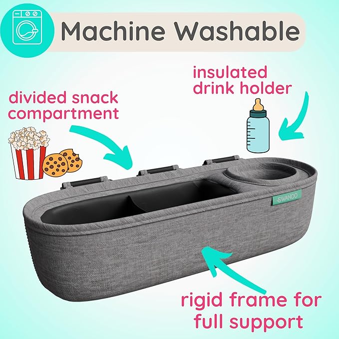 Universal Stroller Tray with Insulated Sippy Cup Holder - Upgraded Rigid Frame Stays Upright - Exclusive Non Slip Straps Firmly Grip Stroller Bar. Universal Stroller Snack Tray Attachment Grey