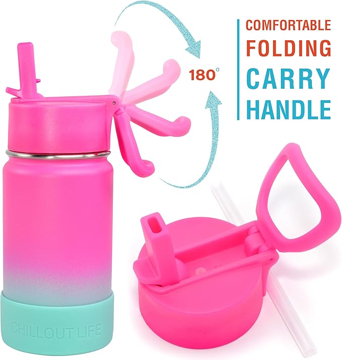 CHILLOUT LIFE 12 oz Kids Insulated Water Bottle for School with Straw Lid Leakproof and Cute Waterproof Stickers, Personalized Stainless Steel Thermos Flask Metal Water Bottle for Girls & Boys