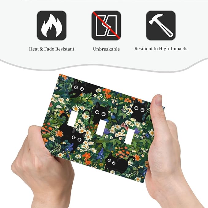 Cartoon Cool Kids Boys Animal Triple Toggle Decorator Outlet Light Switch Wall Plate Cover Funny Boho Cute Black/Green Cats Pet Kittens Jumbo Decorative 3 Gang Three Device Receptacle Faceplate Cover