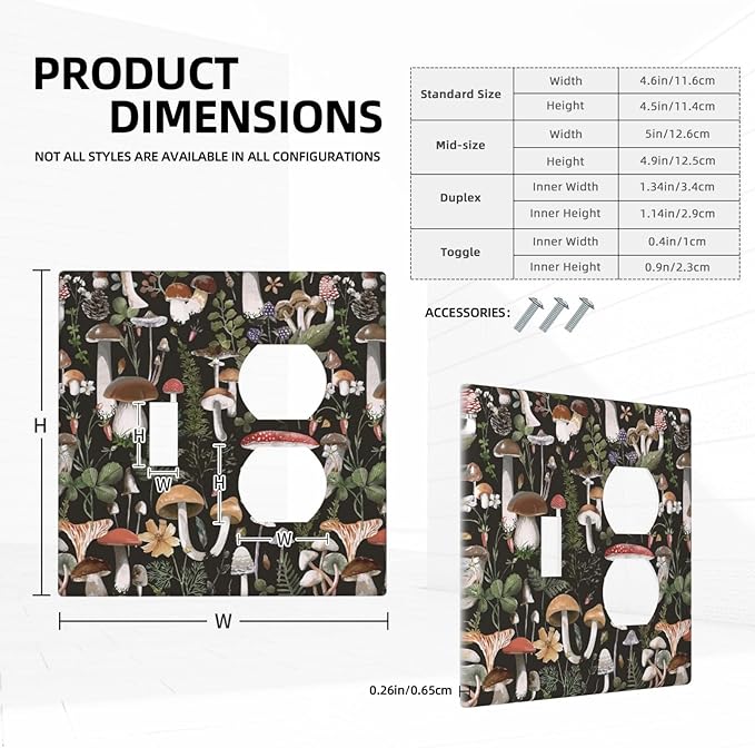Decorative Vintage Mushroom 2-Gang 1-Toggle 1-Duplex Device Combination Wall Plate, Forest Botany Leaf Gothic Black Boho Floral One Toggle Switch/Duplex Receptacle Outlet Combo Light Switch Cover