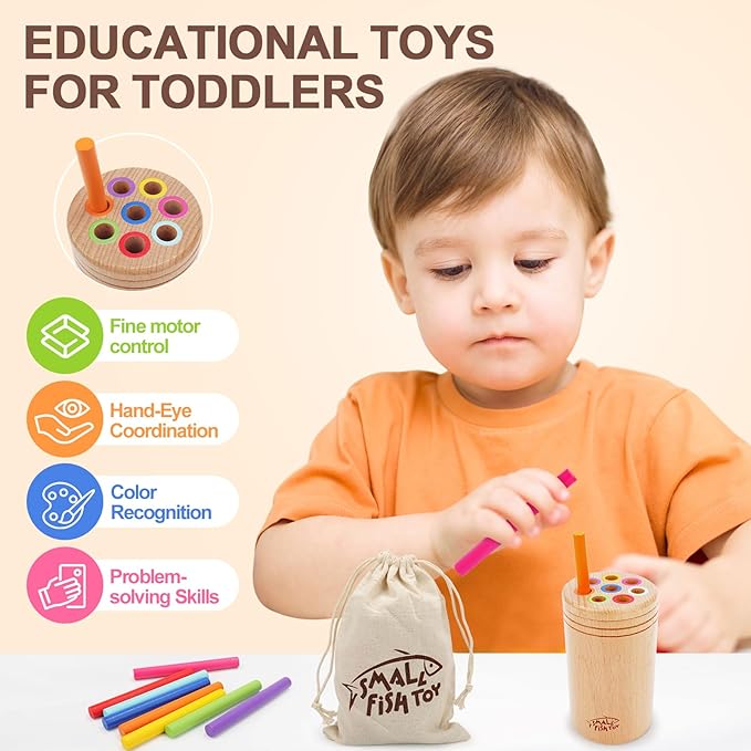 SMALL FISH Montessori Toys for 1-3 Year Old: Wooden Learning Color Sorting Toys for Toddlers Age 1 2 3, Fine Motor Developmental Sensory Travel Toys, Busy Board 18 Month Old Baby Gifts Boys Girls