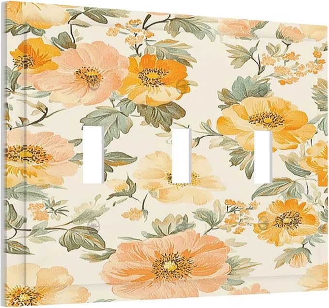 Decorative Light Switch Cover Plate Vintage Floral Pastel Flower Pattern 3 Gang Wall Plate Triple Toggle Switch Plate Covers Electrical Outlet Cover for Bedroom Cabin Decor