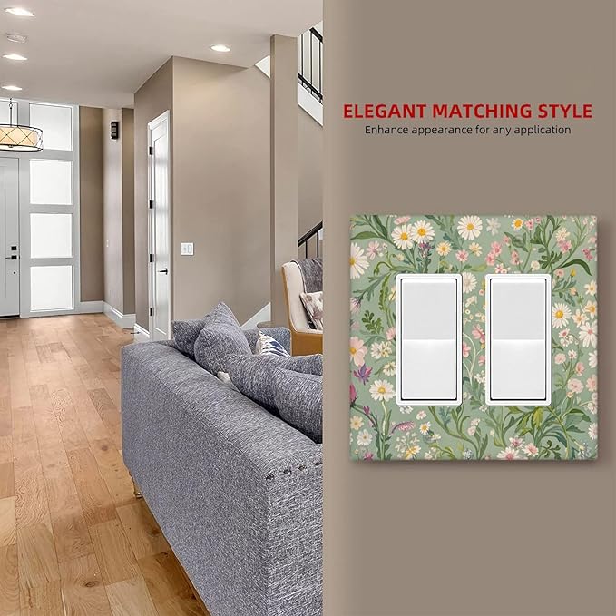 Decorative Outlet Covers with Vintage Wildflowers & Daisies on Light Green Background Design 2 Gang Wall Plate Double Rocker Light Switch Cover Switch Plate Cover