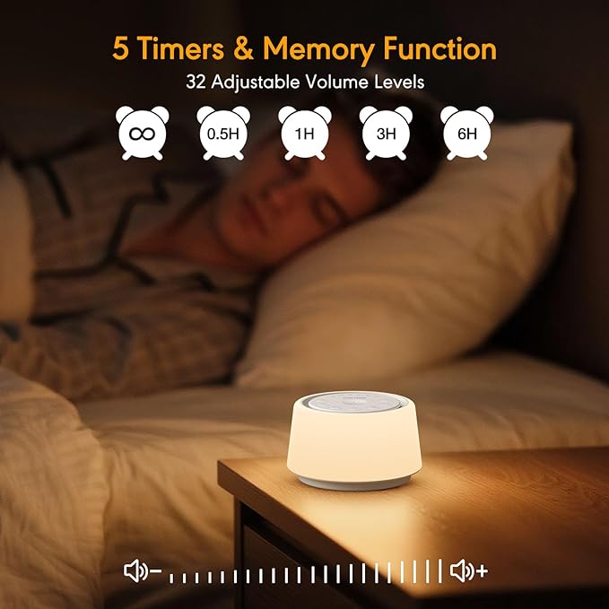 White Noise Machine with Night Light, 30 Soothing Sounds Portable Sound Machine for Baby and Adults, 10 Color Night Light, 5 Timer Options, Memory Function,Compact for Travel (White)
