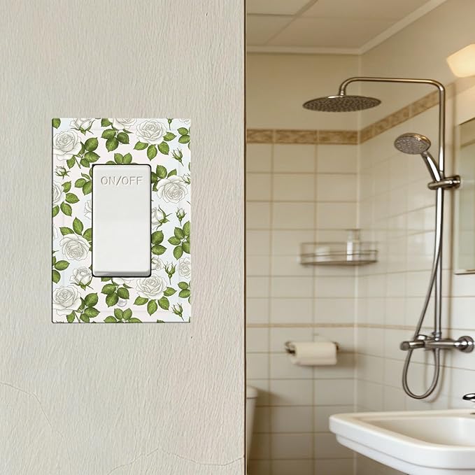 Elegant White Roses & Green Leaves Floral Single Rocker Switch Cover - 1-Gang Standard US Size Timeless Rose Garden Light Switch Covers for Bathroom Bedroom Vanity Decor