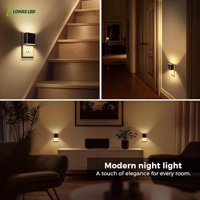 L LOHAS LED Night Light 2 Pack, Night Lights Plug into Wall, Dusk to Dawn Sensor, Soft White 3000K, 0-100LM Adjustable Brightness, Dimmable NightLight for Bathroom Hallway Kitchen