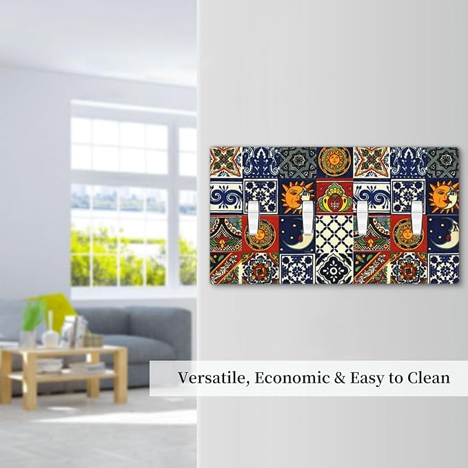 Boho Moroccan Mandala Mexican Tiles Decorative 4 Gang Quad Toggle Light Switch Cover Electric Large Size Quadruple Faceplate Decorative Switch Face Wallplate