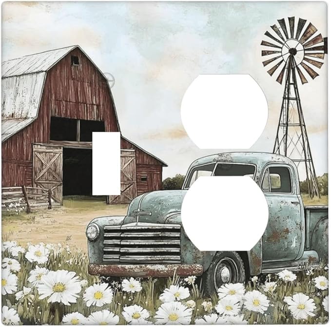 Retro Trucks Old Barn Windmill Teal Car Rustic Wallplates 1 Toggle 1 Duplex Switch Plate Electrical GFCI Faceplate Decorative Light Switch Covers for Farmhouse Home Decor