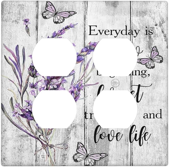 Decorative Outlet Covers Lavender Flower Purple Floral Butterfly on Plank Inspirational quotation 2 Gang Wall Plate Double Duplex Light Switch Cover Switch Plate Covers Faceplate