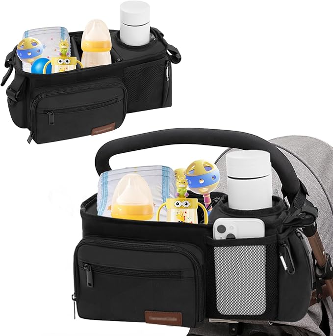 Stroller Organizer Bag with Insulated Cup Holder & Adjustable Dividers, Non-Slip Stroller Caddy with Multiple Pockets, Fits 14"-19" Handles, Water-Resistant, Black