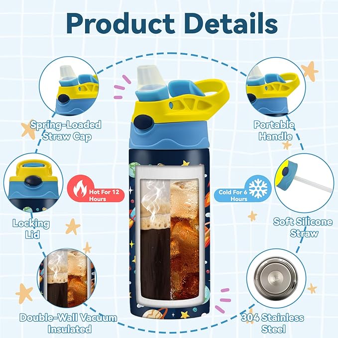 Space Gifts for Kids - 12oz Space Water Bottle with Straw Lid, Astronaut Stainless Steel Insulated Water Bottles, BPA-free, Leak-proof, for Boys Girls, School, Gift Waters Bottle for Universe Lover