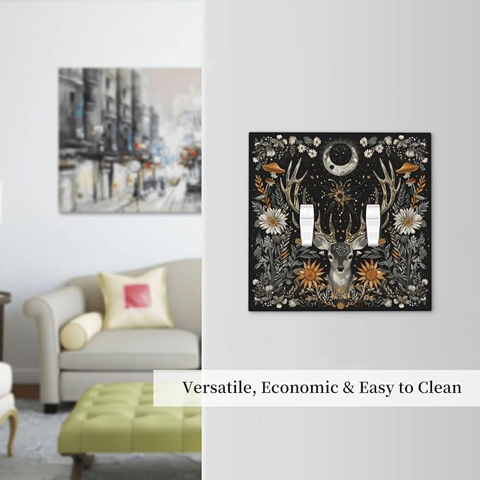 Light Switch Cover Plate Vintage Deer Flowers Moon Natural Plants Floral 2 Gang Double Toggle Decorative Switch Plates Wall Plates Electrical Faceplate for Bathroom Bedroom Decor