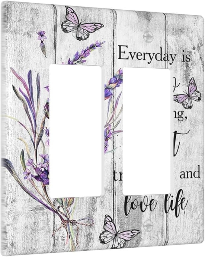 Outlet Covers Purple Lavender Flower Butterfly on Wood Plank 2 Gang Wall Plate Double Rocker Light Switch Cover Inspirational quotation Floral Decorative GFCI Receptacle Cover Electrical Switchplate